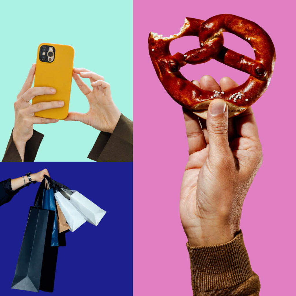 three design images of a pretzel a phone and a paper airplane